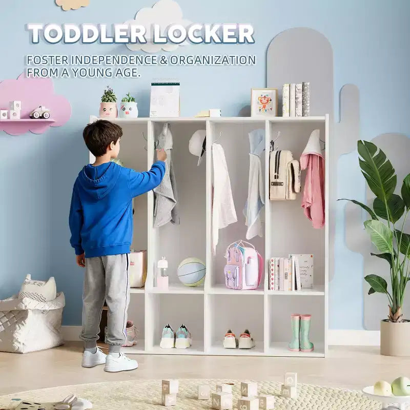 4-Section Classroom Coat Locker with 8 Hooks & 4 Cubbies,Versatile Storage Organizer for Home, School, Nursery, Kindergarten