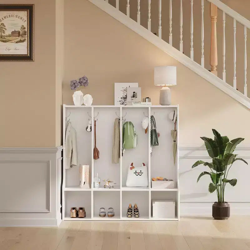 4-Section Classroom Coat Locker with 8 Hooks & 4 Cubbies,Versatile Storage Organizer for Home, School, Nursery, Kindergarten