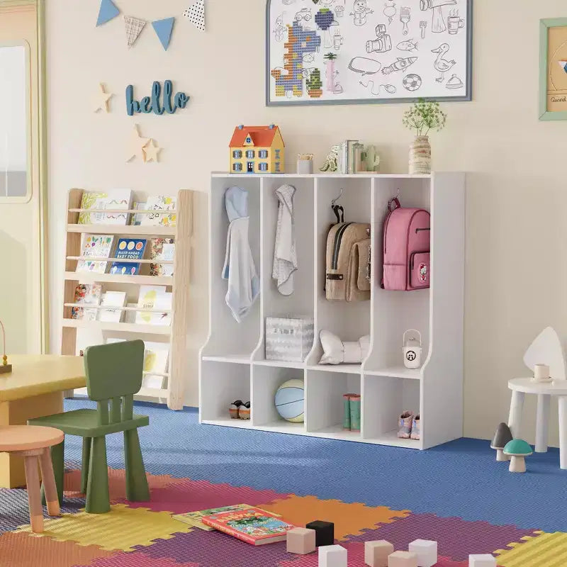 4-Section Classroom Coat Locker with 8 Hooks & 4 Cubbies,Versatile Storage Organizer for Home, School, Nursery, Kindergarten