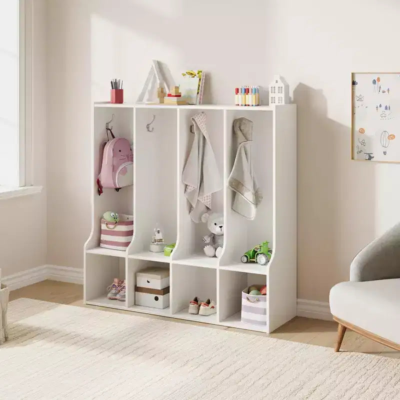 4-Section Classroom Coat Locker with 8 Hooks & 4 Cubbies,Versatile Storage Organizer for Home, School, Nursery, Kindergarten