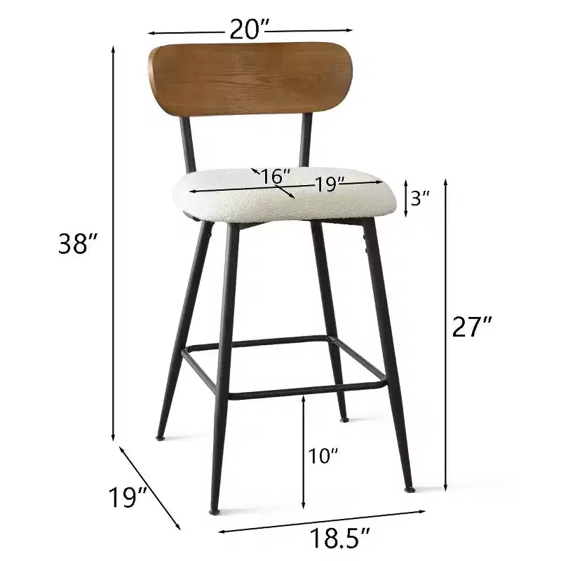 Set of 2 Mid-Century Modern Counter Height Bar Stools, 27" White Boucle Kitchen Chairs with Ash Wood Back