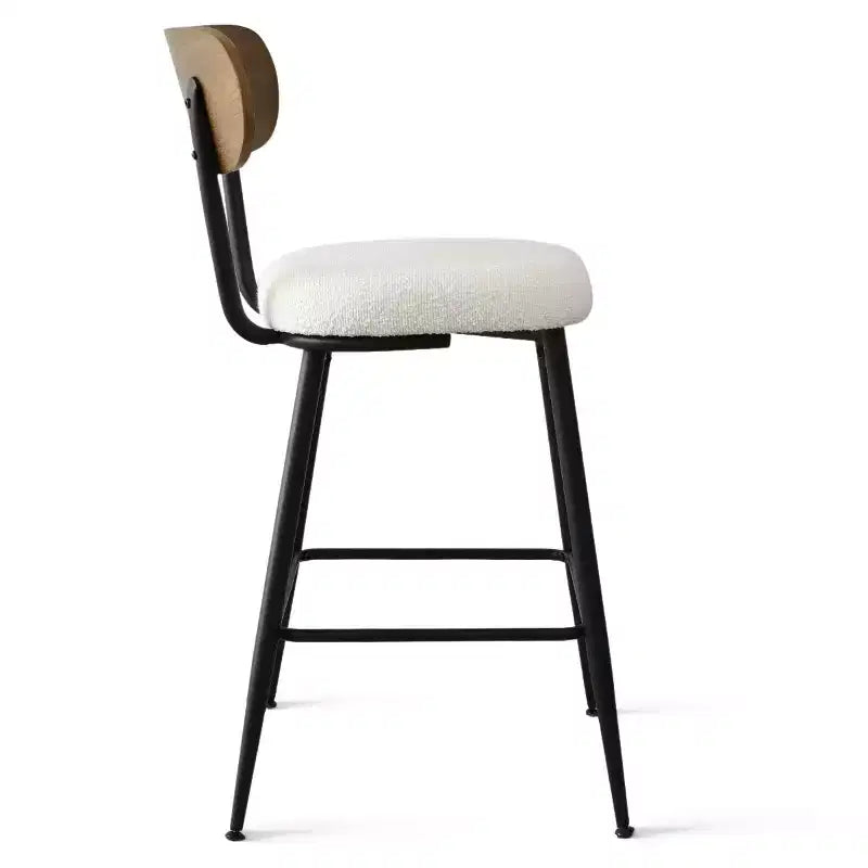 Set of 2 Mid-Century Modern Counter Height Bar Stools, 27" White Boucle Kitchen Chairs with Ash Wood Back