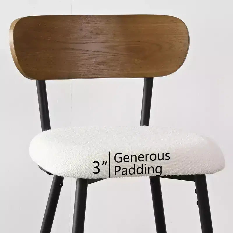 Set of 2 Mid-Century Modern Counter Height Bar Stools, 27" White Boucle Kitchen Chairs with Ash Wood Back