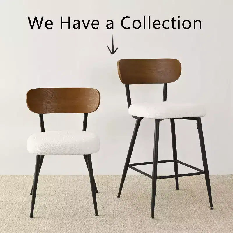 Set of 2 Mid-Century Modern Counter Height Bar Stools, 27" White Boucle Kitchen Chairs with Ash Wood Back