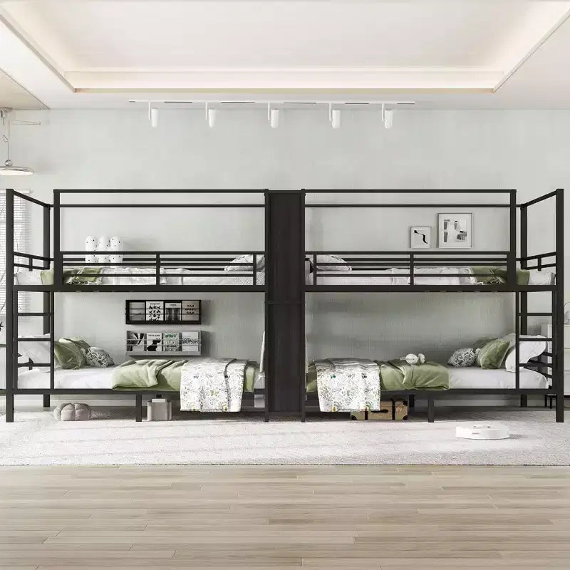 Queen Size Quadruple Metal Bunk Bed with Built-in Storage Shelves and Wardrobe, Sturdy Metal Frame with Noise-Reduced Design