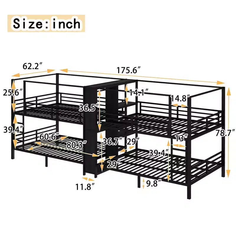 Queen Size Quadruple Metal Bunk Bed with Built-in Storage Shelves and Wardrobe, Sturdy Metal Frame with Noise-Reduced Design