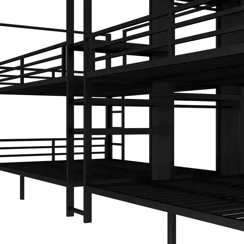 Queen Size Quadruple Metal Bunk Bed with Built-in Storage Shelves and Wardrobe, Sturdy Metal Frame with Noise-Reduced Design