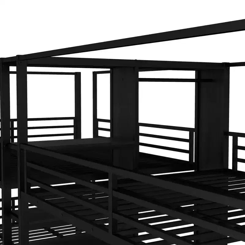 Queen Size Quadruple Metal Bunk Bed with Built-in Storage Shelves and Wardrobe, Sturdy Metal Frame with Noise-Reduced Design