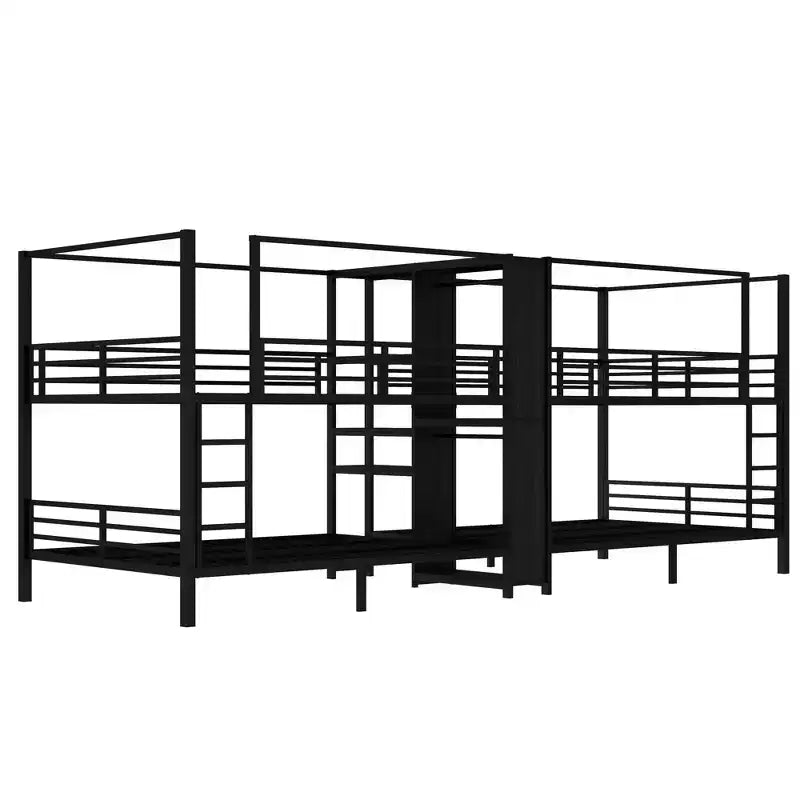 Queen Size Quadruple Metal Bunk Bed with Built-in Storage Shelves and Wardrobe, Sturdy Metal Frame with Noise-Reduced Design