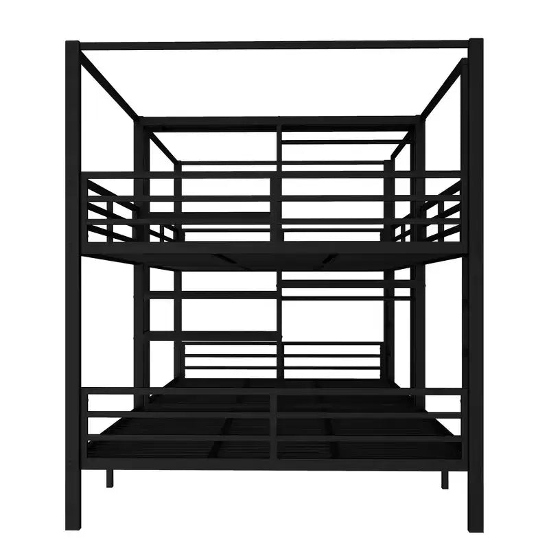 Queen Size Quadruple Metal Bunk Bed with Built-in Storage Shelves and Wardrobe, Sturdy Metal Frame with Noise-Reduced Design