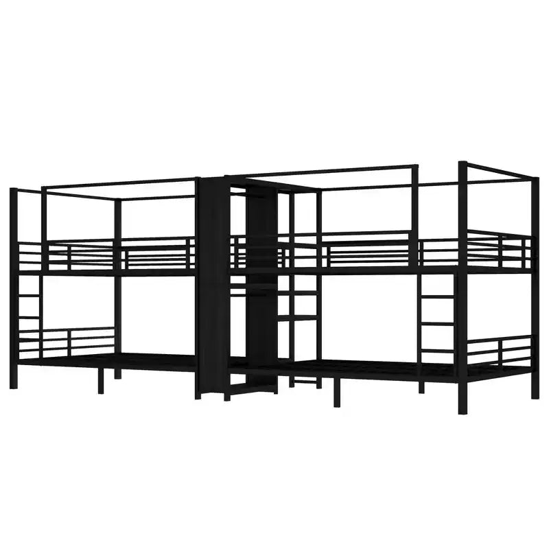 Queen Size Quadruple Metal Bunk Bed with Built-in Storage Shelves and Wardrobe, Sturdy Metal Frame with Noise-Reduced Design