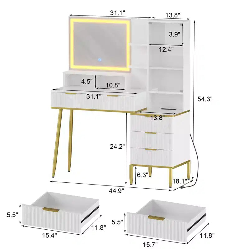 Fluted Vanity Desk with Mirror, Makeup Vanity with 5 Drawers & Shelves, Modern Dressing Table for Bedroom
