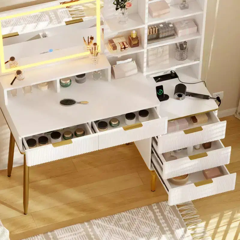 Fluted Vanity Desk with Mirror, Makeup Vanity with 5 Drawers & Shelves, Modern Dressing Table for Bedroom