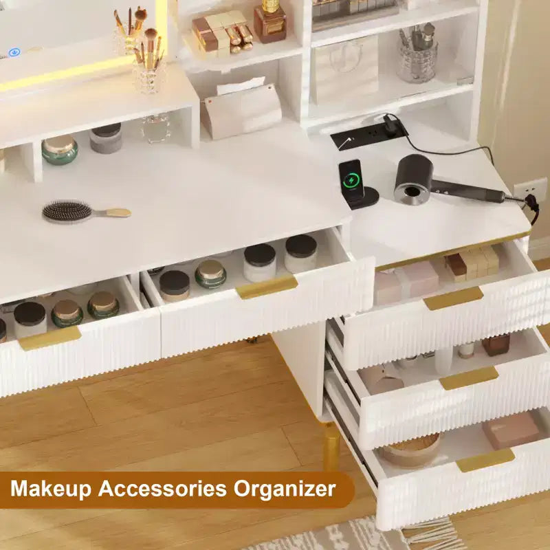 Fluted Vanity Desk with Mirror, Makeup Vanity with 5 Drawers & Shelves, Modern Dressing Table for Bedroom
