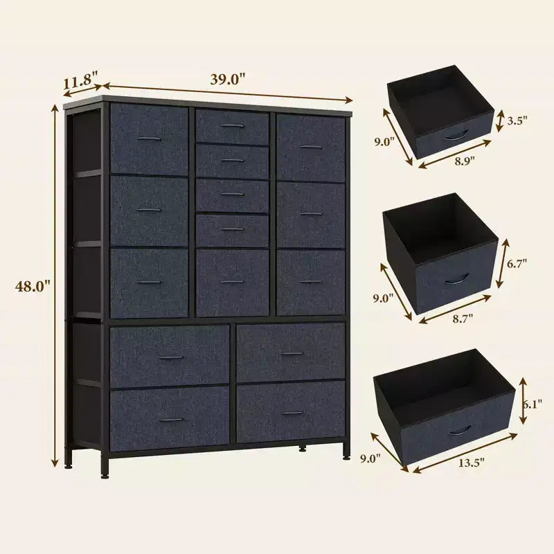 15 Drawers Dressers, Chest of Drawers with Wood Tabletop, Metal Frame, Storage Organizer Unit with Fabric