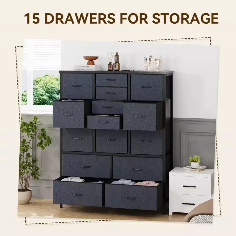 15 Drawers Dressers, Chest of Drawers with Wood Tabletop, Metal Frame, Storage Organizer Unit with Fabric