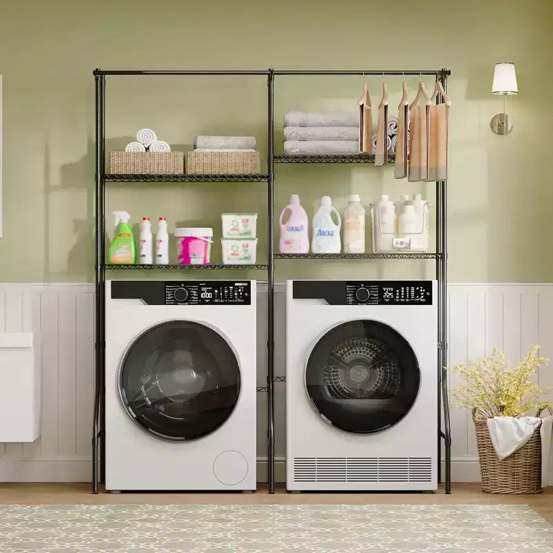 Over Washer and Dryer Storage Shelf, Adjustable 4-Tier Laundry Organizer with Hanging Rods and Hooks for Laundry Room Space Saving