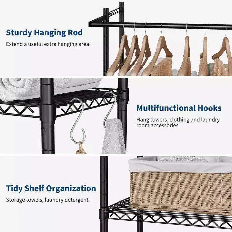 Over Washer and Dryer Storage Shelf, Adjustable 4-Tier Laundry Organizer with Hanging Rods and Hooks for Laundry Room Space Saving