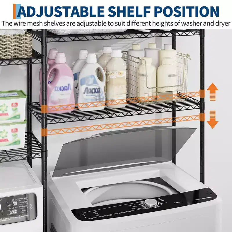 Over Washer and Dryer Storage Shelf, Adjustable 4-Tier Laundry Organizer with Hanging Rods and Hooks for Laundry Room Space Saving