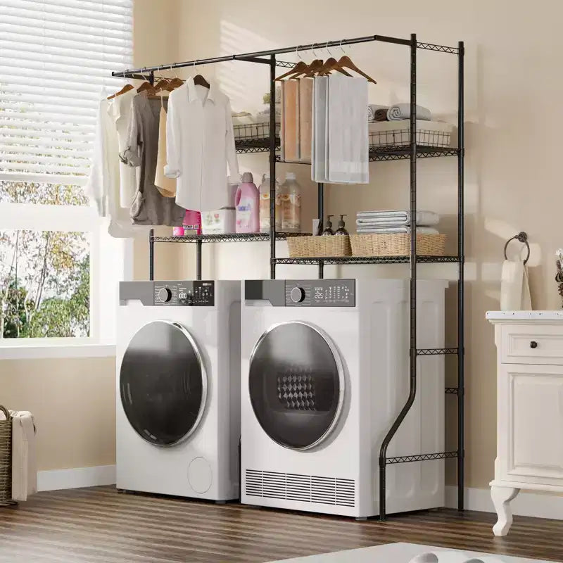 Over Washer and Dryer Storage Shelf, Adjustable 4-Tier Laundry Organizer with Hanging Rods and Hooks for Laundry Room Space Saving