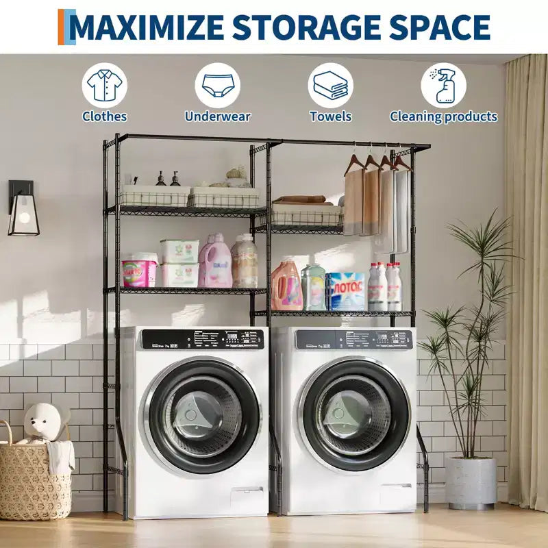 Over Washer and Dryer Storage Shelf, Adjustable 4-Tier Laundry Organizer with Hanging Rods and Hooks for Laundry Room Space Saving