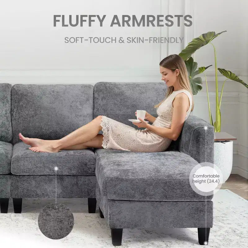 118" U-Shaped Sectional Sofa, 4-Seat Modular Couch with 2 Ottomans & Foldable Side Table