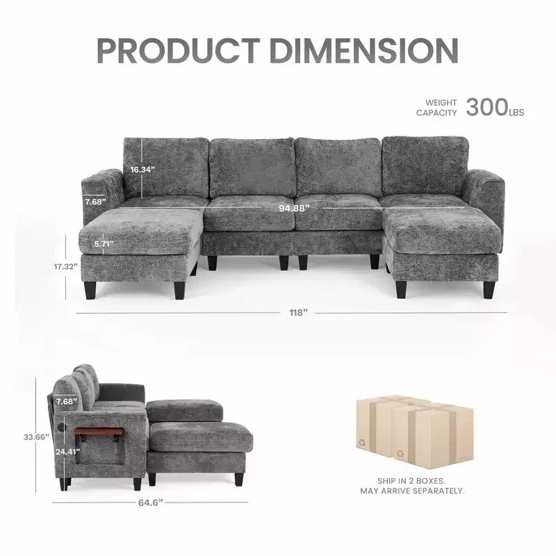 118" U-Shaped Sectional Sofa, 4-Seat Modular Couch with 2 Ottomans & Foldable Side Table