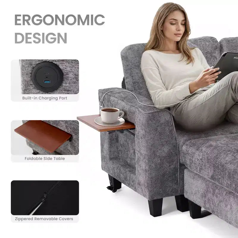 118" U-Shaped Sectional Sofa, 4-Seat Modular Couch with 2 Ottomans & Foldable Side Table