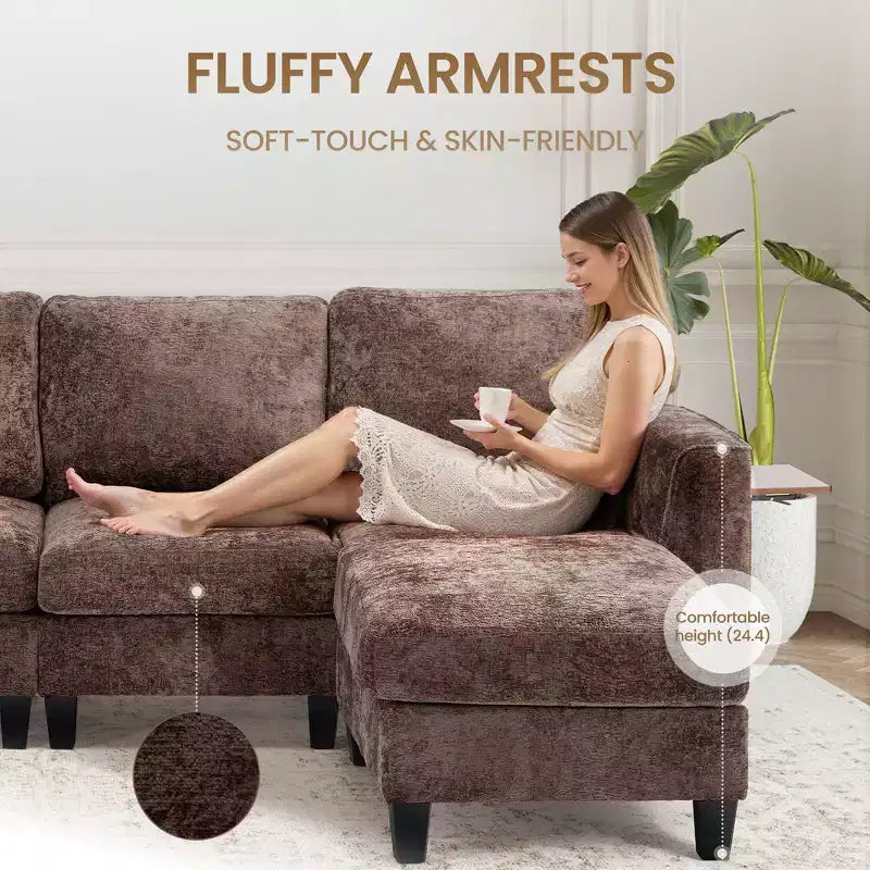118" U-Shaped Sectional Sofa, 4-Seat Modular Couch with 2 Ottomans & Foldable Side Table