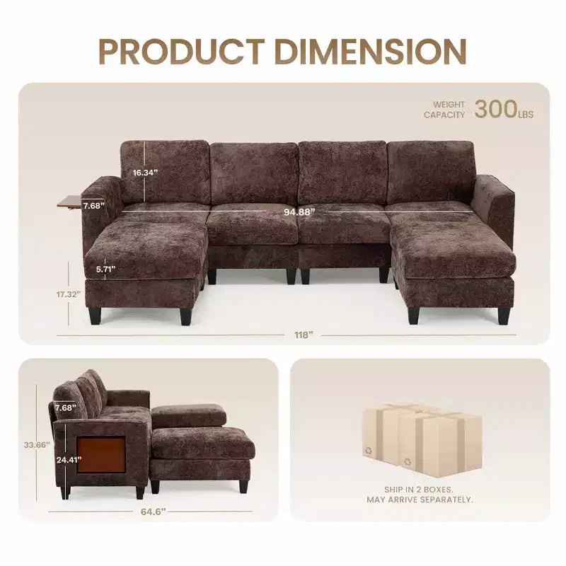 118" U-Shaped Sectional Sofa, 4-Seat Modular Couch with 2 Ottomans & Foldable Side Table