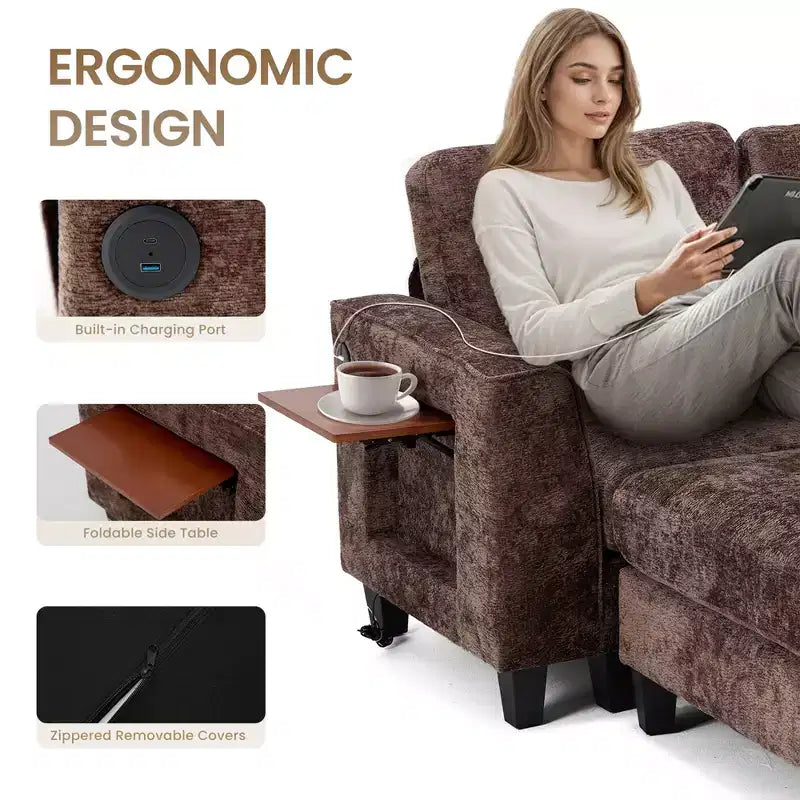 118" U-Shaped Sectional Sofa, 4-Seat Modular Couch with 2 Ottomans & Foldable Side Table