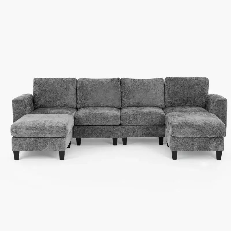 118" U-Shaped Sectional Sofa, 4-Seat Modular Couch with 2 Ottomans & Foldable Side Table